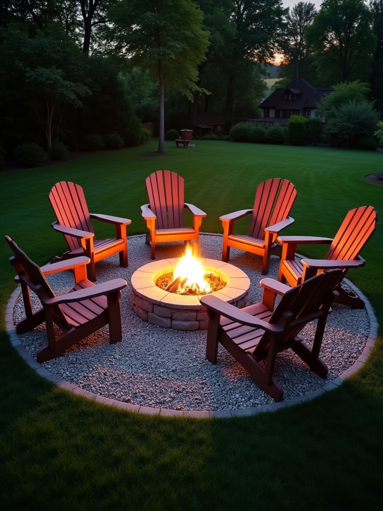 A fire pit garden area in a lawn with a stone fire pit, Adirondack chairs, and a gravel surface, illuminated by firelight at dusk.