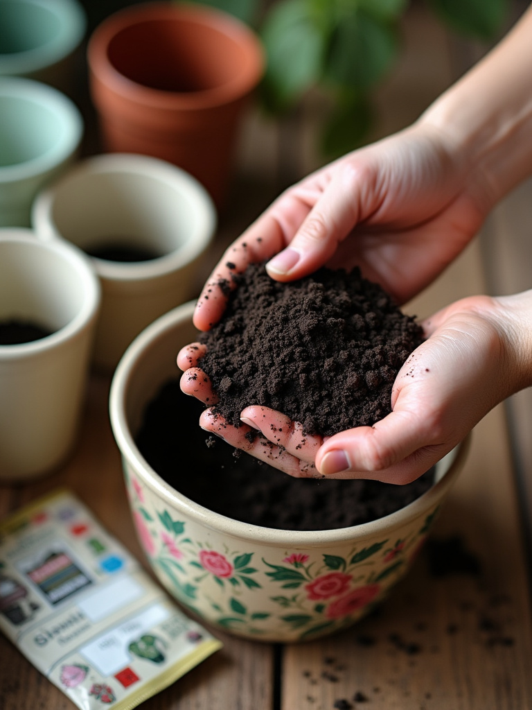 Gardener’s hands filling a ceramic container with premium potting soil, surrounded by colorful containers and seed packets, demonstrating the first steps of container gardening.