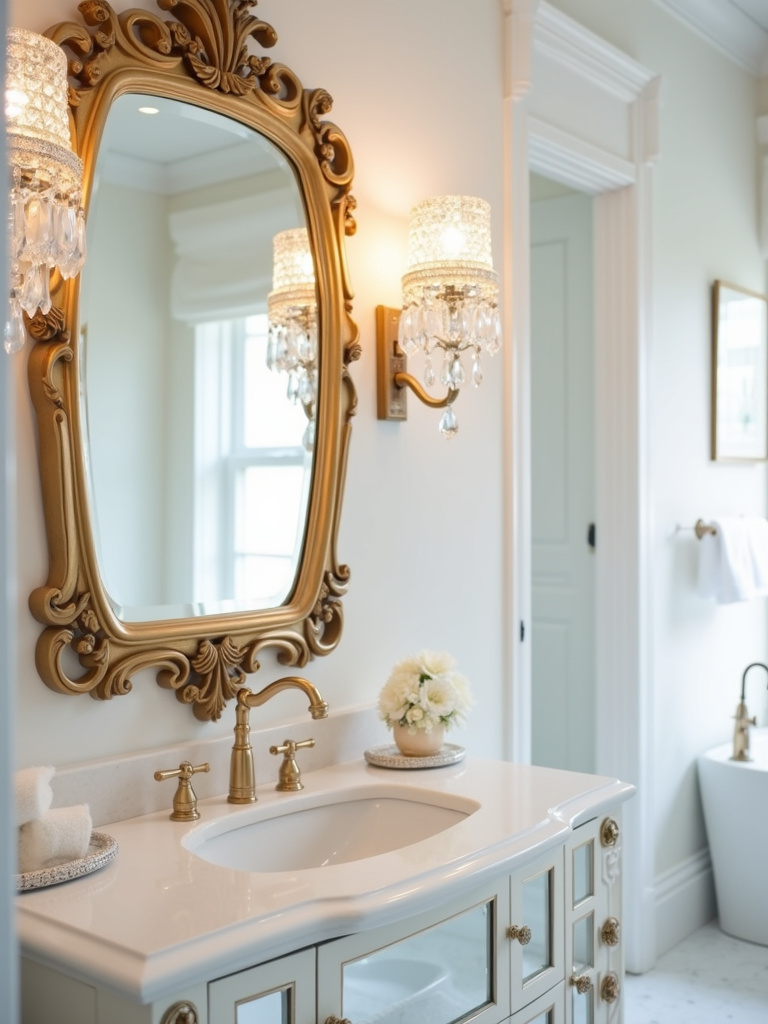 Glamorous bathroom vanity featuring a crystal-adorned light fixture above a gold-framed mirror, adding sparkle and luxury.