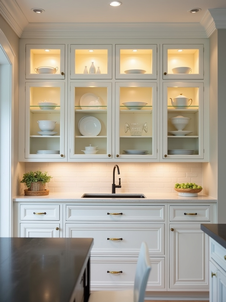 Elegant kitchen upper cabinets with glass front doors showcasing curated dishware and interior cabinet lighting.