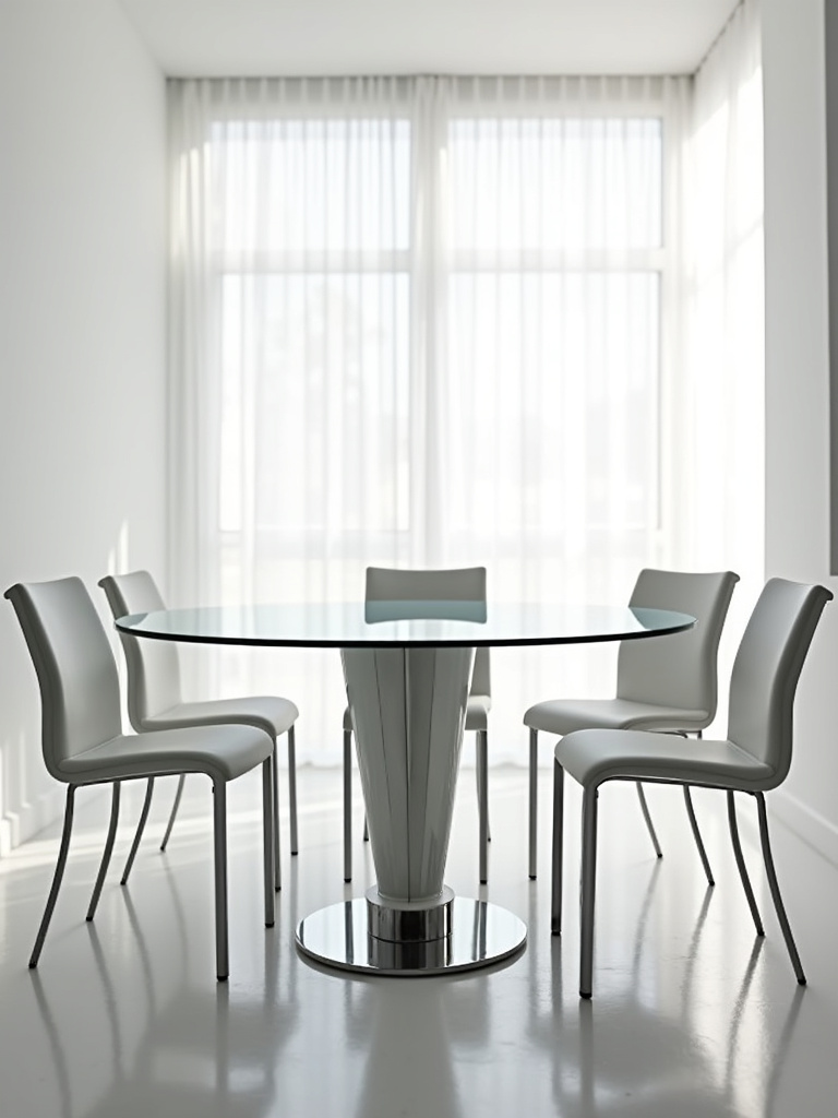 A modern dining room showcasing a glass top dining table with a sleek chrome base and minimalist white chairs.