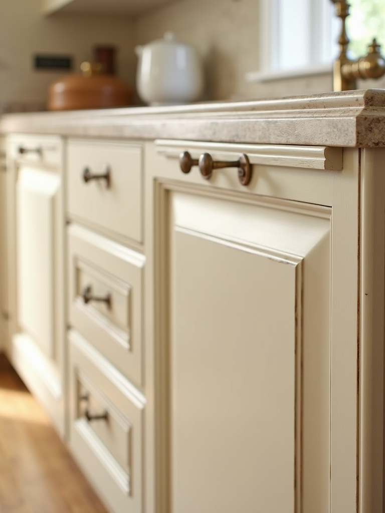 Detail shot of cream-colored traditional kitchen cabinets with a subtle brown glaze enhancing the raised panel details.