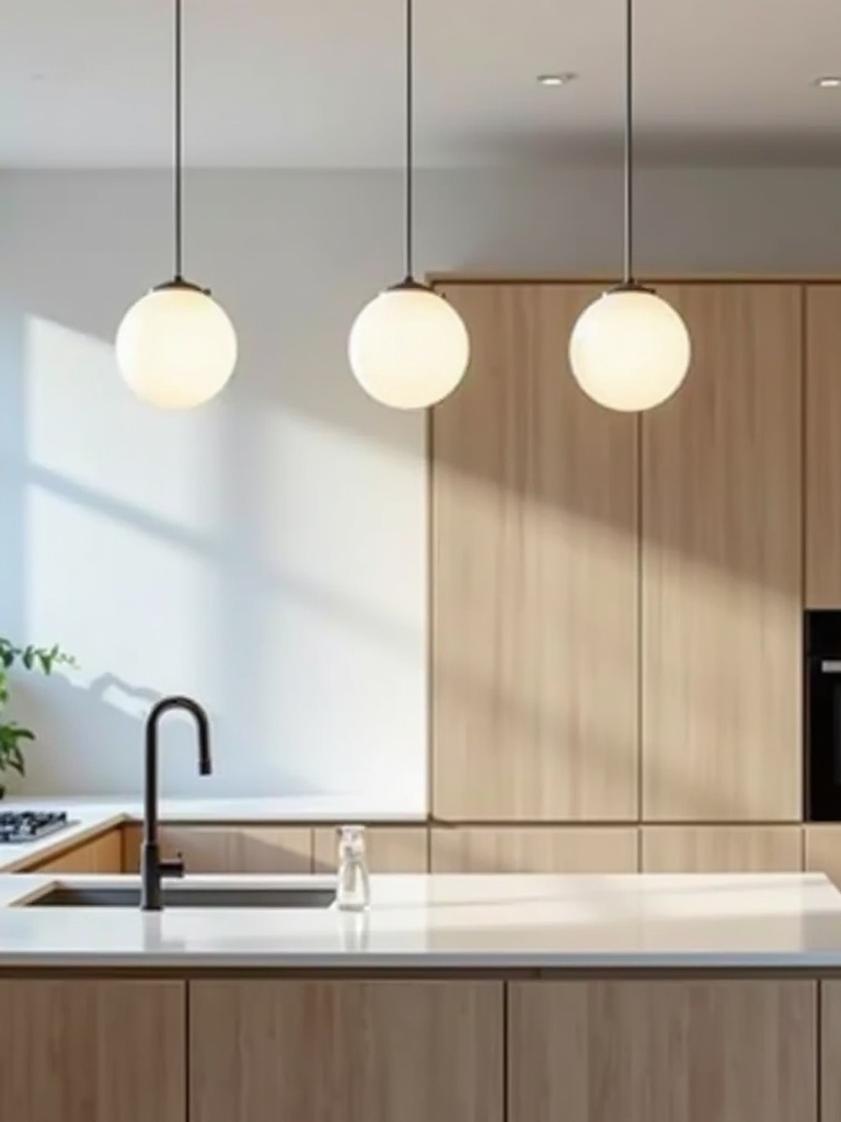 White frosted glass globe pendant lights over a Scandinavian style kitchen island.
