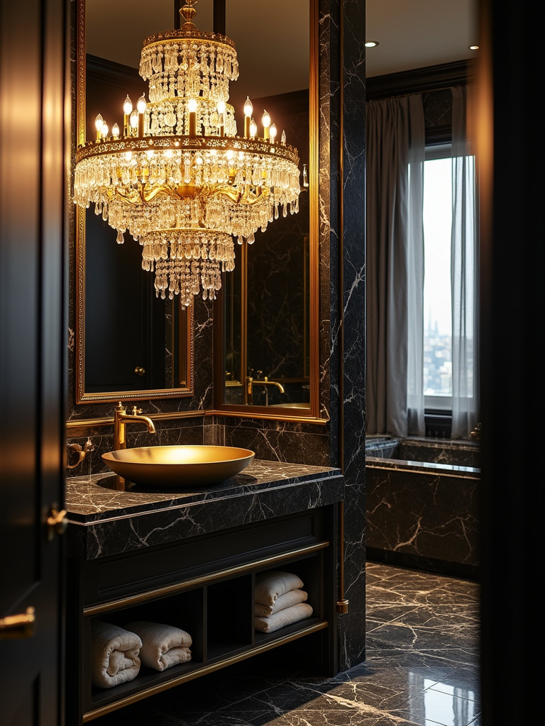 Luxurious bathroom vanity featuring a bold, oversized gold chandelier, creating a dramatic statement and focal point.