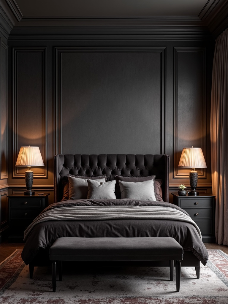 Moody bedroom with dark charcoal gray textured wallpaper, dark wood furniture, and warm bedside lamp lighting.