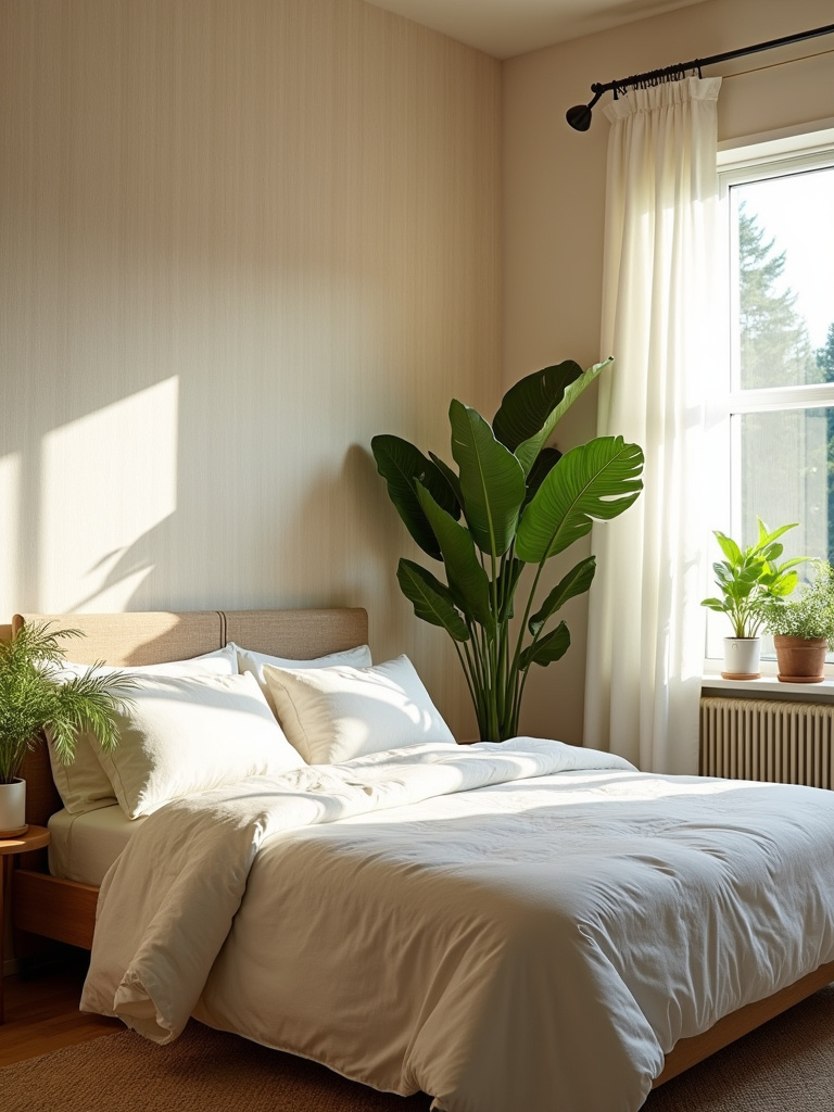 Eco-friendly bedroom with grasscloth wallpaper, plants, and natural light, emphasizing sustainable design.