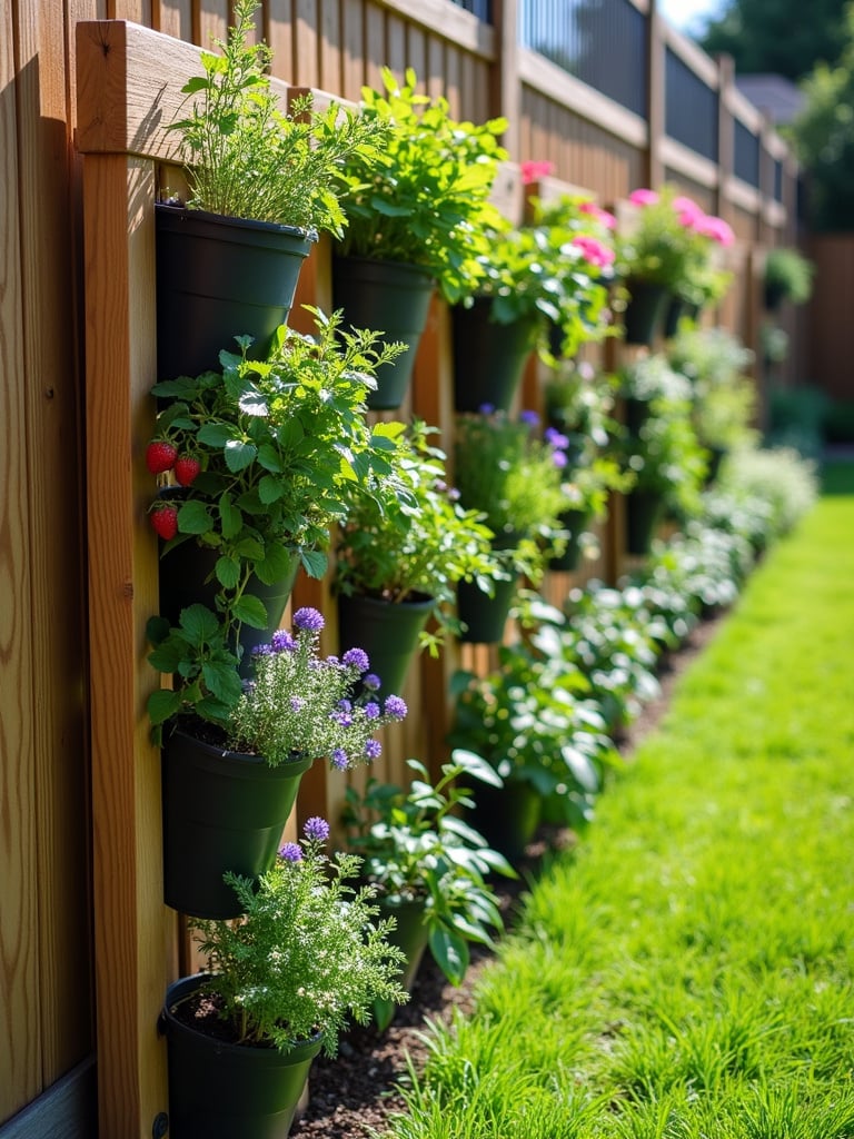 A vertical garden on a lawn edge with herbs, strawberries, and flowers growing vertically in pockets attached to a fence.