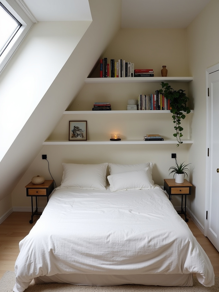 Attic bedroom featuring smart vertical wall shelving with floating shelves displaying books and plants, bathed in natural light from a skylight.