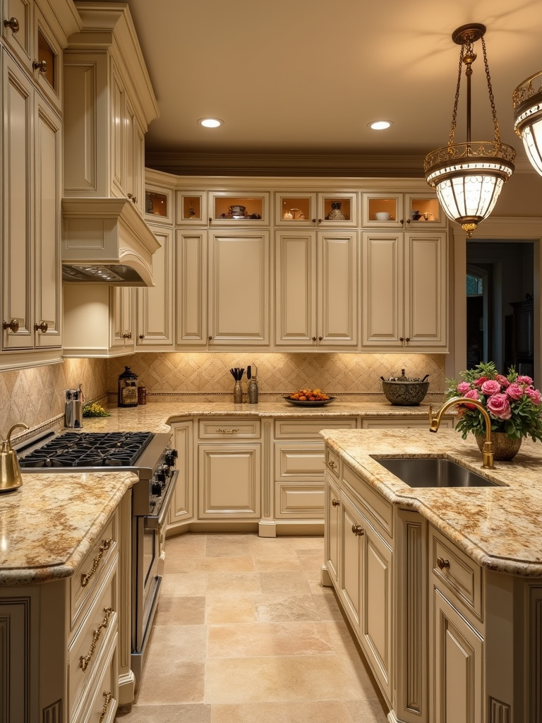 Luxurious traditional kitchen featuring gold veined granite countertops, cream cabinets with gold hardware, and warm chandelier lighting.