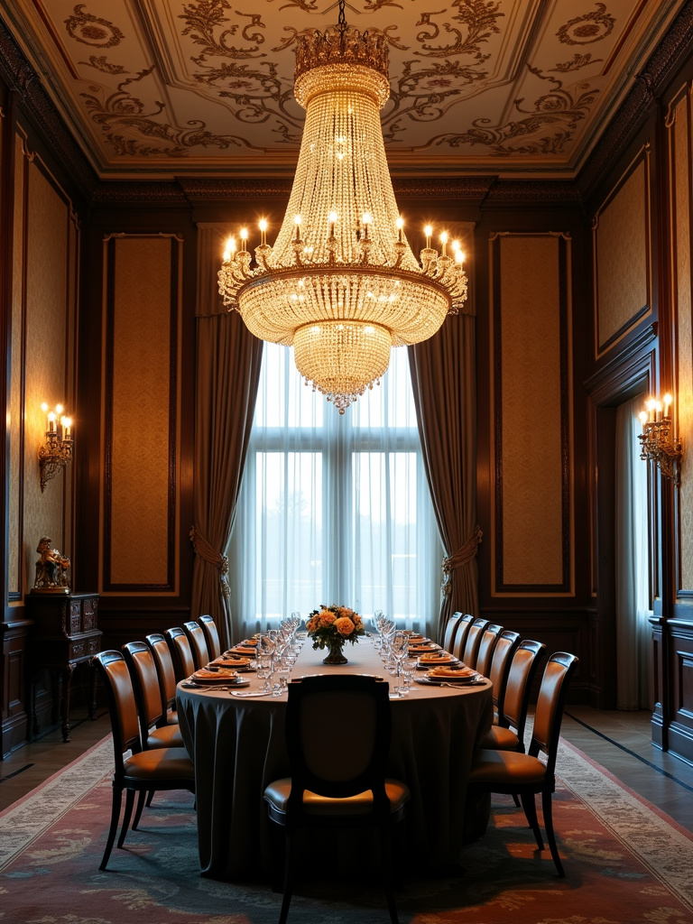 “Grand crystal chandelier in a formal dining room with dark wood table and ornate decor.”