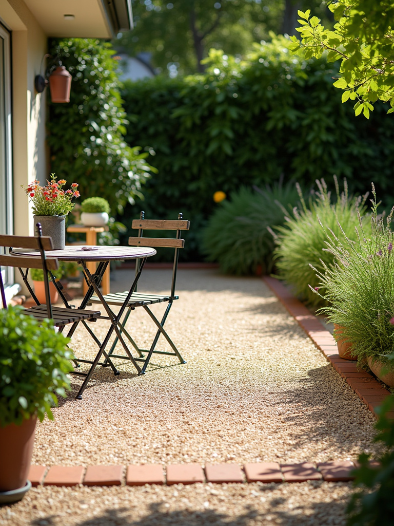 Chic gravel patio with pea gravel and brick edging, bistro furniture, potted herbs, and bright sunlight.