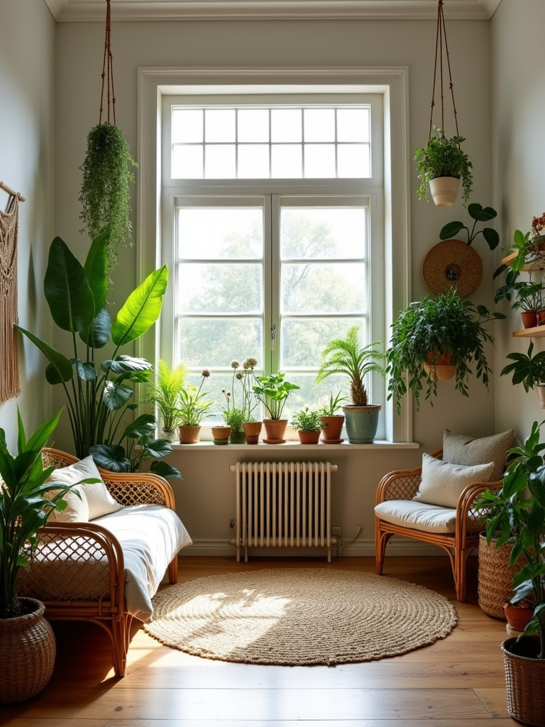 A bohemian bedroom filled with lush indoor plants, rattan furniture, and bathed in natural light.