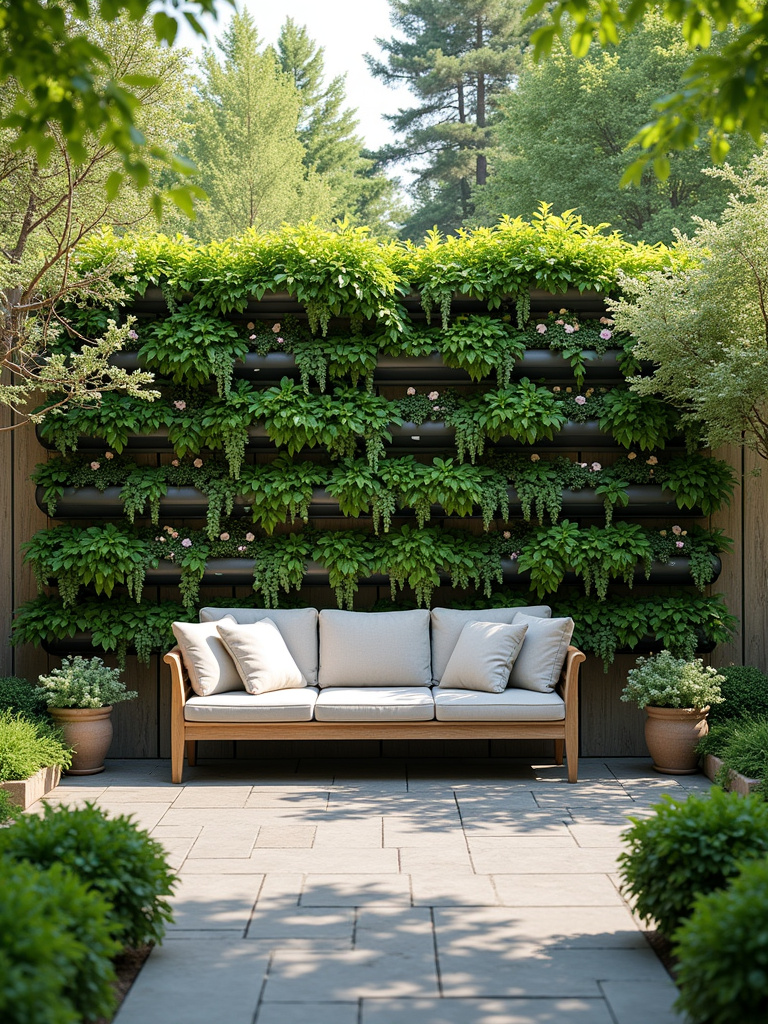 Patio with a lush vertical garden on a wall, modular planters, stone pavers, comfortable seating, and soft morning light.