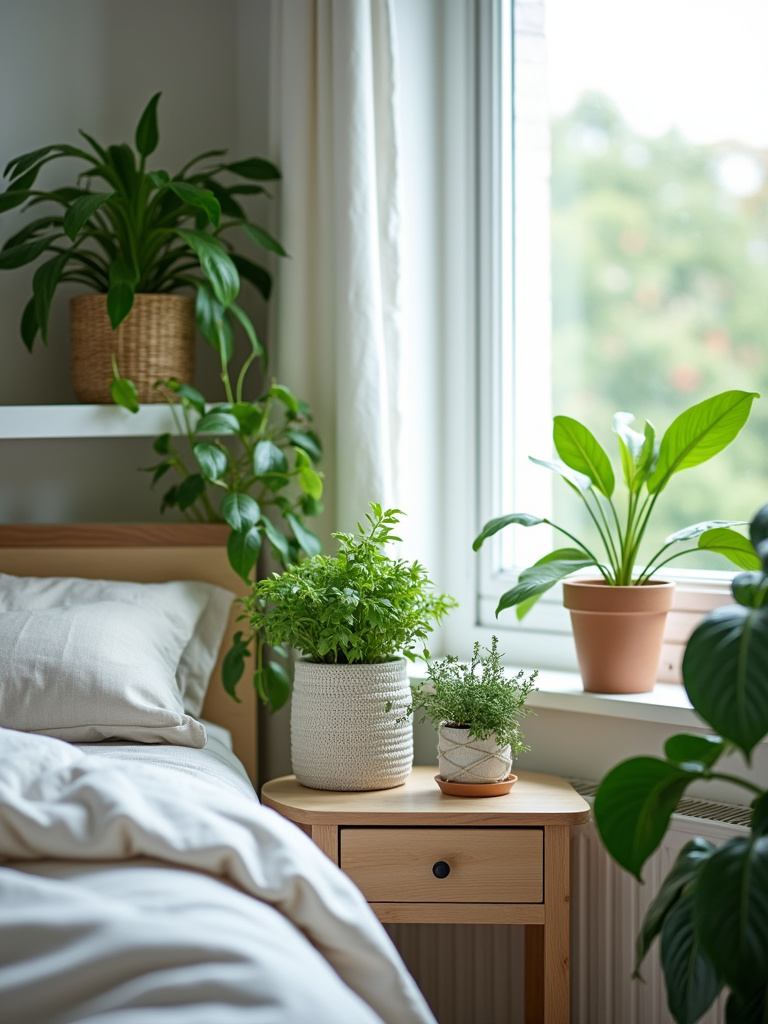 A serene bedroom filled with lush green plants creating a calming and natural atmosphere.