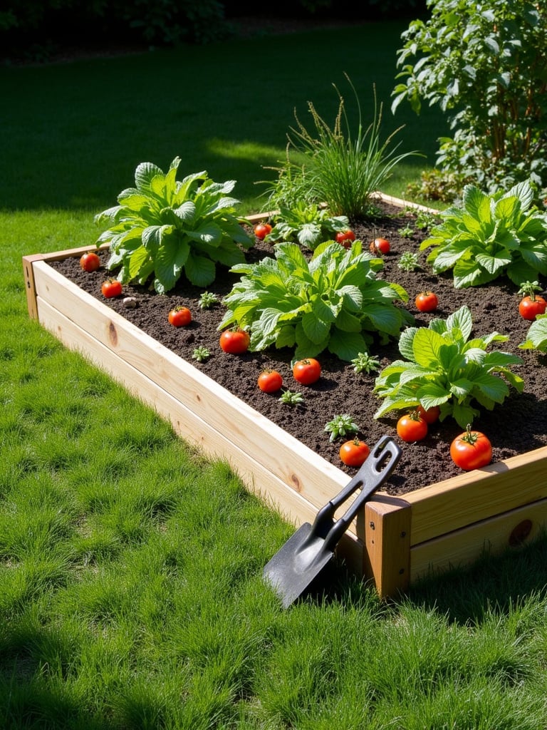 A raised vegetable patch garden corner in a lawn with tomatoes, peppers, lettuce, and herbs growing within.