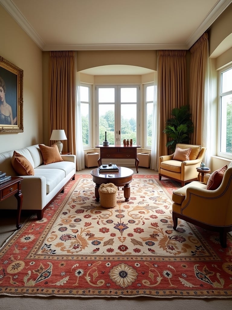 Large hand-knotted wool Persian rug in a luxury living room.
