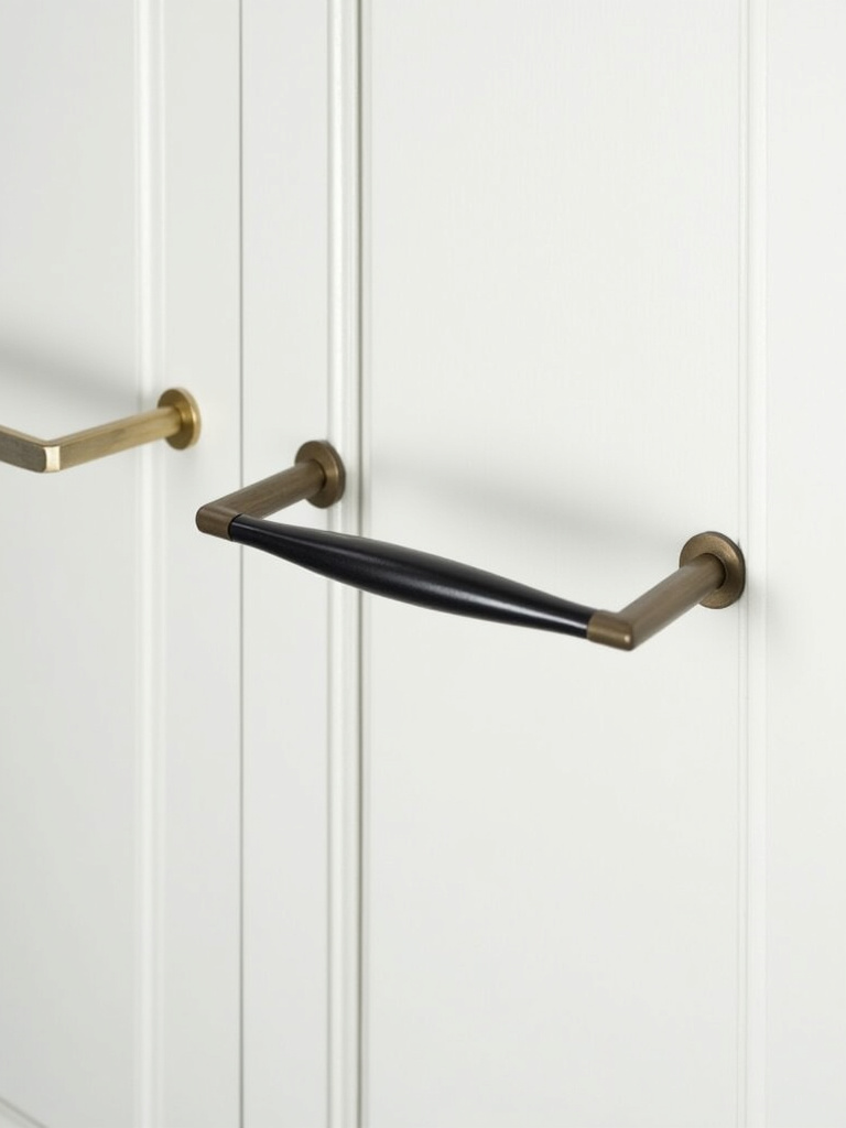 A selection of kitchen hardware options including gold knobs, black bar pulls, and brushed nickel cup pulls against a white cabinet door.