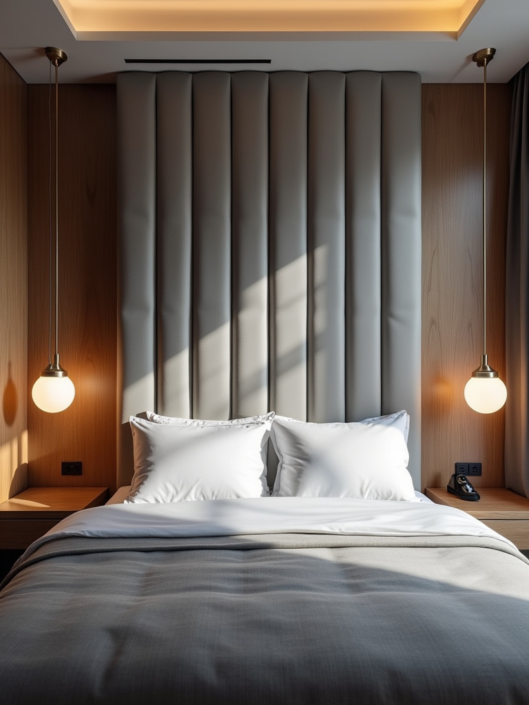 A contemporary bedroom featuring a tall, grey upholstered headboard with channel tufting and bedside tables with warm lamplight.
