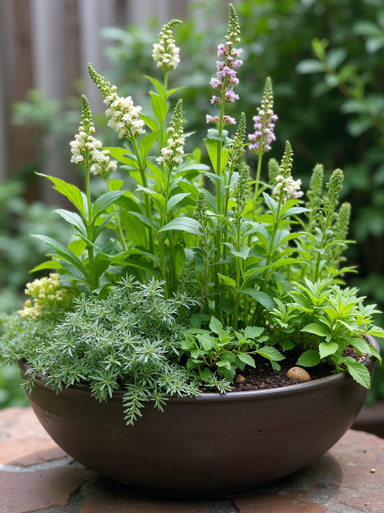 Beautiful container herb garden displaying multiple varieties of culinary herbs with varying heights and textures, creating an attractive and functional display.