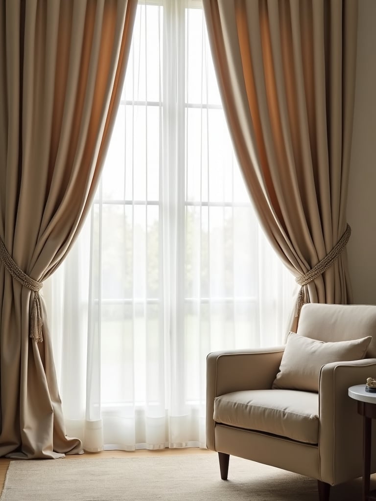 Floor-to-ceiling silk drapery in a neutral tone in a luxury living room window.