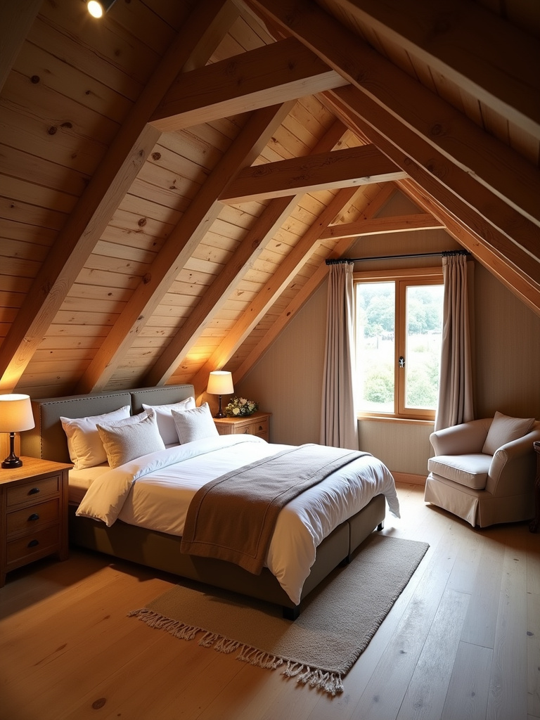 Rustic attic bedroom showcasing exposed beams as a focal point, highlighted by spotlights and complemented by warm wood tones and natural light.