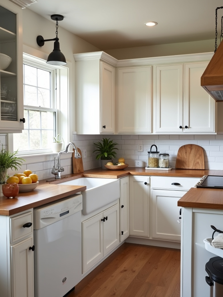 Cozy farmhouse kitchen with honey oak inspired laminate countertops, white cabinets, and a farmhouse sink, bathed in warm natural light.
