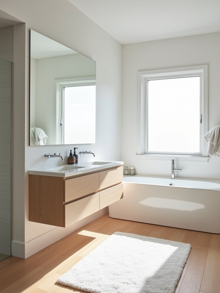 Modern minimalist laundry bathroom with a large frameless mirror enhancing light and space.