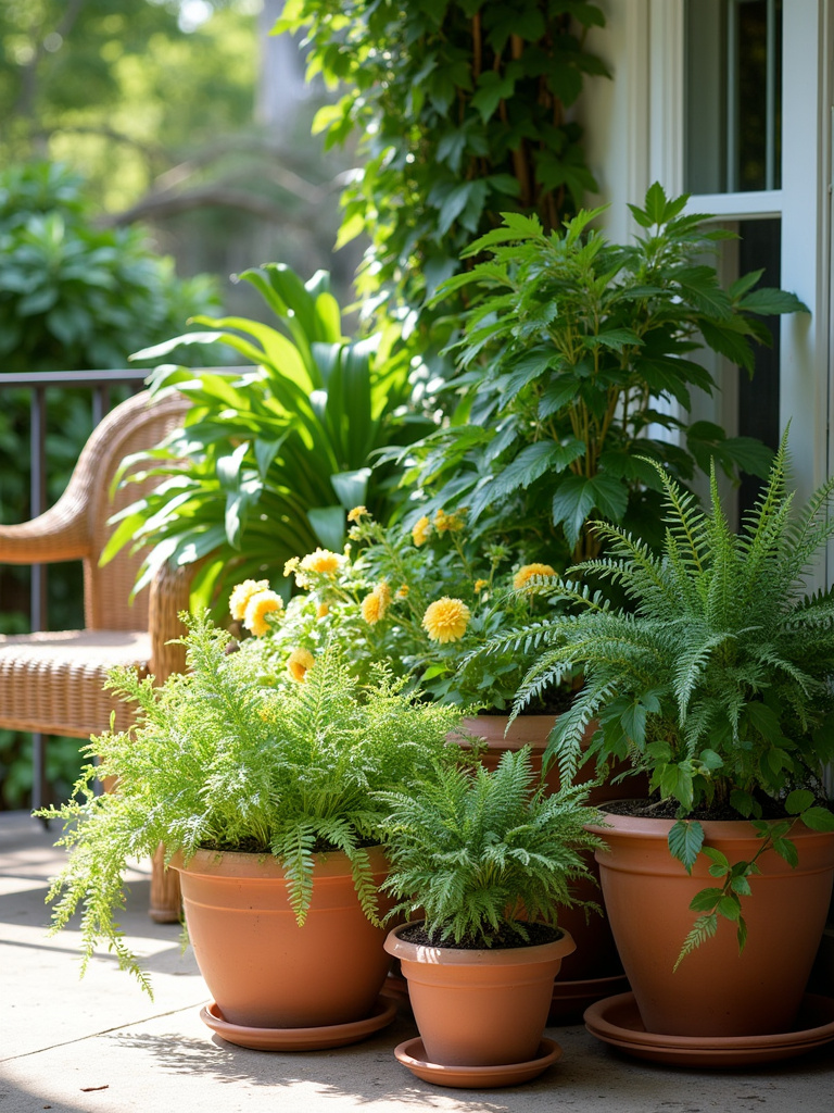 A back porch corner filled with a variety of lush potted plants in terracotta and ceramic pots, creating a natural and inviting green space.