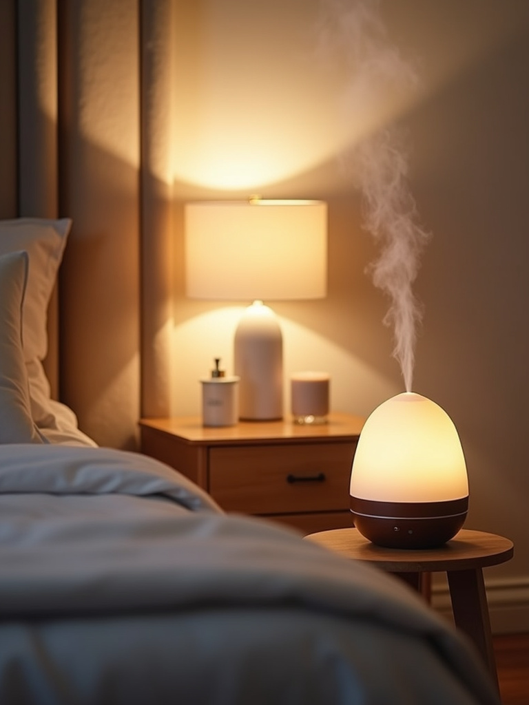 A relaxing bedroom atmosphere enhanced by an aromatherapy diffuser on the nightstand emitting mist and scented candles on the dresser, creating a serene and inviting space with calming colors.