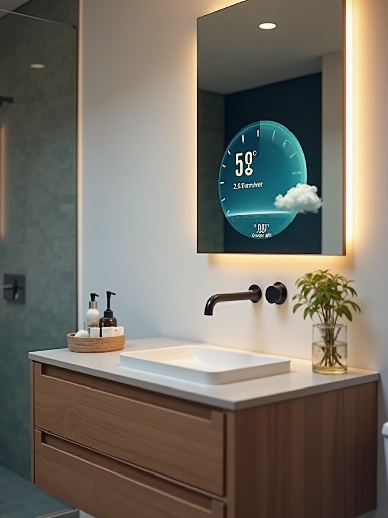 Modern bathroom vanity featuring a smart mirror displaying weather information, showcasing smart bathroom technology.