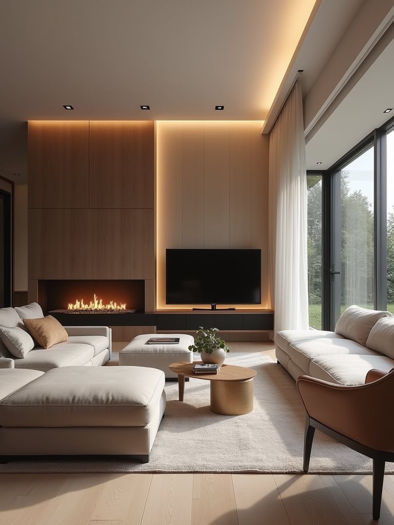 Minimalist luxury living room with discreetly integrated smart home technology features.