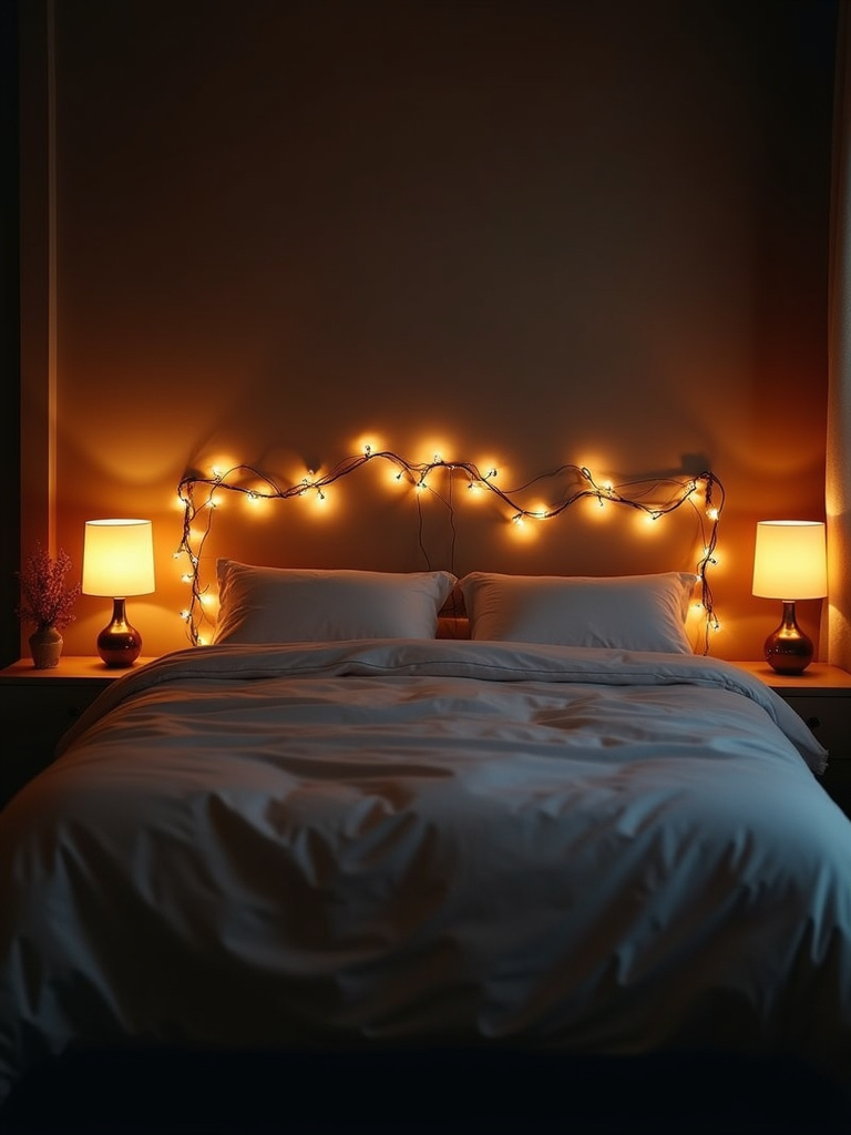 A romantically styled bedroom bathed in soft ambient lighting from bedside lamps and fairy lights draped around the headboard, creating a cozy and intimate atmosphere.