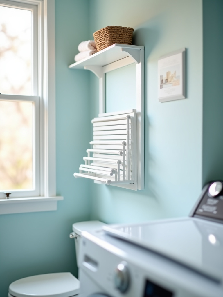 Coastal laundry bathroom with a white fold-down drying rack mounted on the wall.