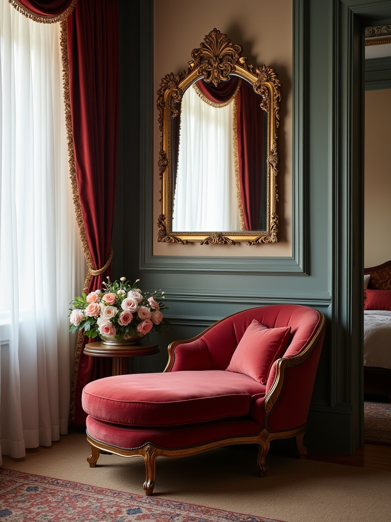 An elegantly styled classic bedroom featuring a romantic seating area with a velvet chaise lounge bathed in soft daylight from a nearby window, enhanced by ornate details and jewel-tone colors.