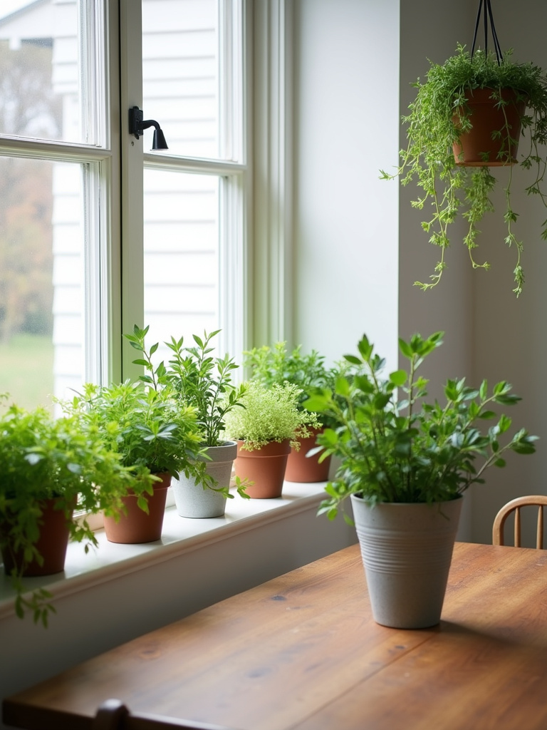 Farmhouse dining room filled with fresh indoor plants and greenery.
