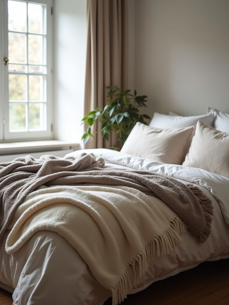 A cozy bedroom featuring a bed adorned with layered throw blankets in soft textures.