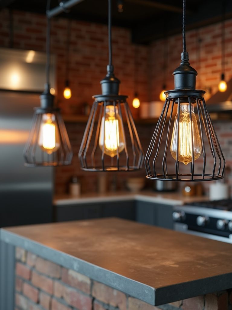 Black metal cage pendant lights with Edison bulbs in an industrial style kitchen.