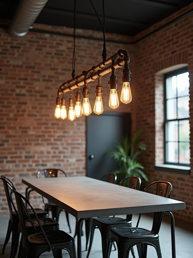 “Multi-bulb industrial chandelier with exposed Edison bulbs and metal pipes in an industrial dining room with exposed brick walls.”