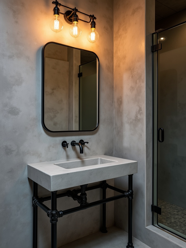 Industrial bathroom vanity with an exposed bulb fixture above a simple mirror, showcasing a raw and edgy aesthetic.