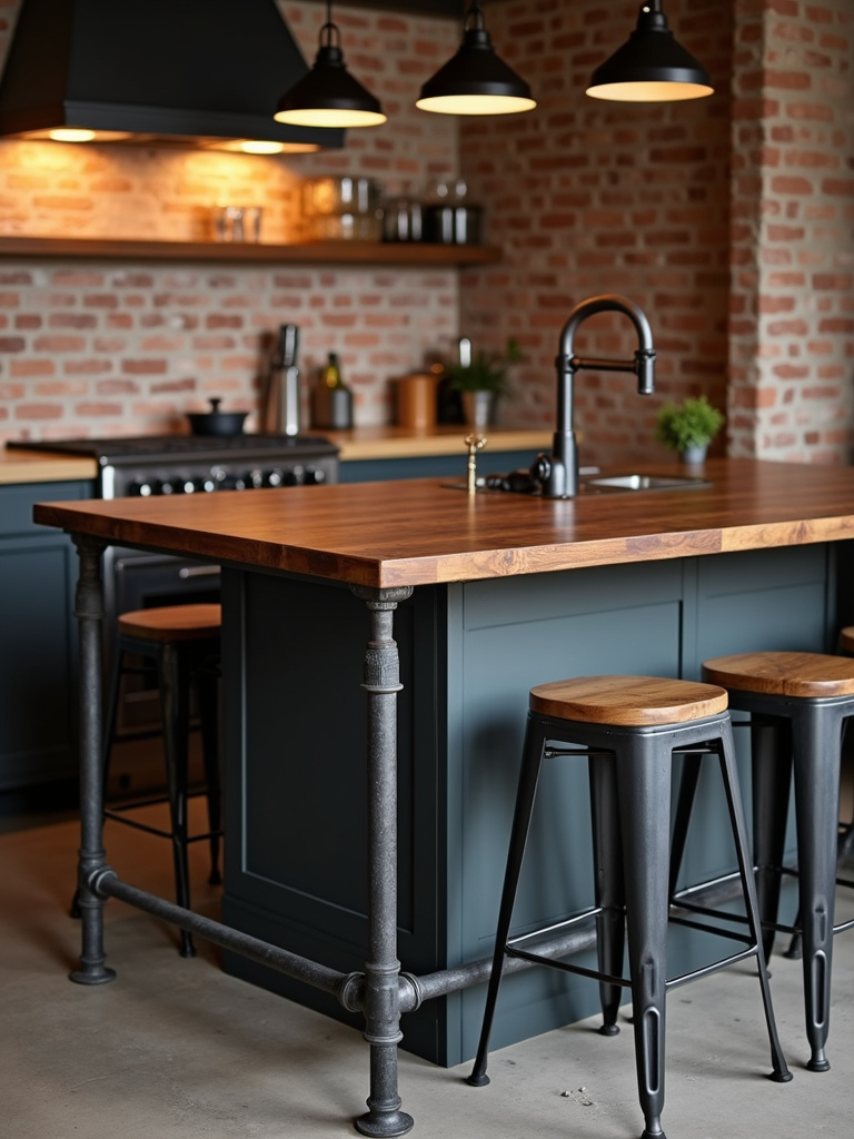 Industrial kitchen island with a black iron pipe base and metal bar stools with wood seats.