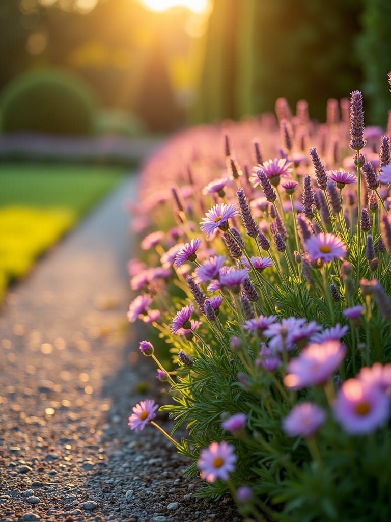 An aromatic flower lawn border with fragrant flowers like lavender, roses, and lilies lining a gravel pathway.