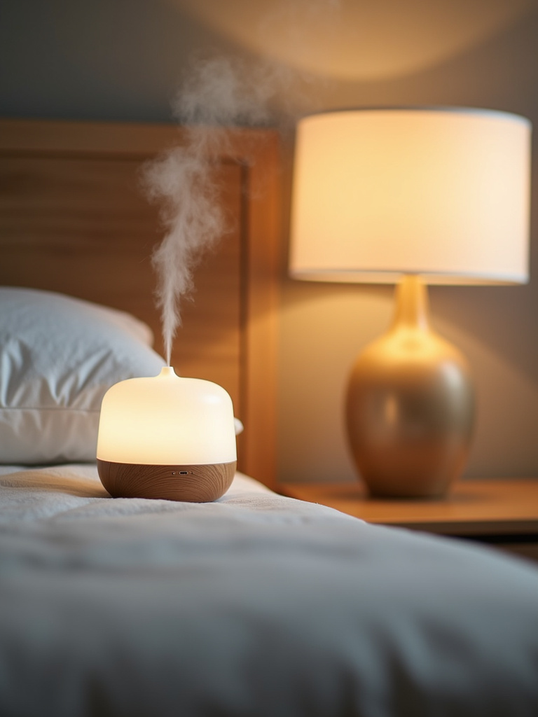 A relaxing bedroom featuring a diffuser on a bedside table emitting a calming scent.