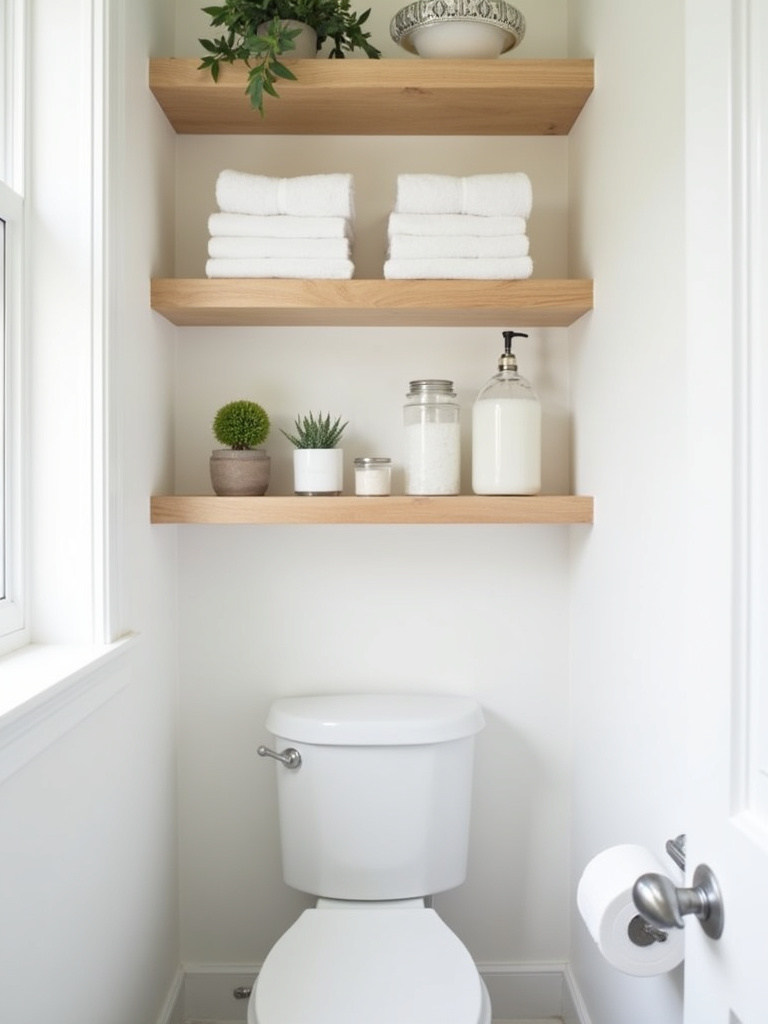 Minimalist bathroom with light wood open shelves above the toilet, styled with towels, plants, and decorative jars.