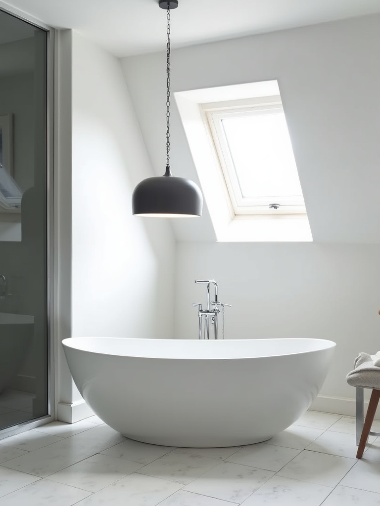 Modern bathroom featuring a statement pendant light above a white freestanding bathtub, with natural skylight and marble tile.