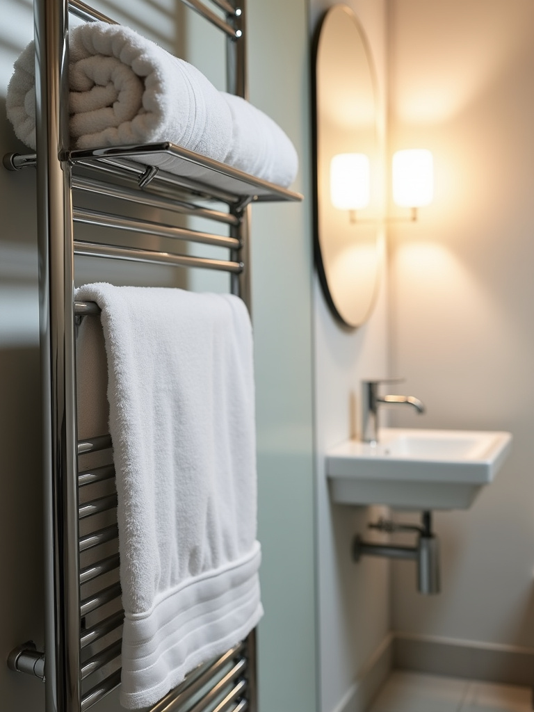 Modern bathroom featuring a chrome wall-mounted heated towel rack with fluffy white towels, adding spa-like comfort.