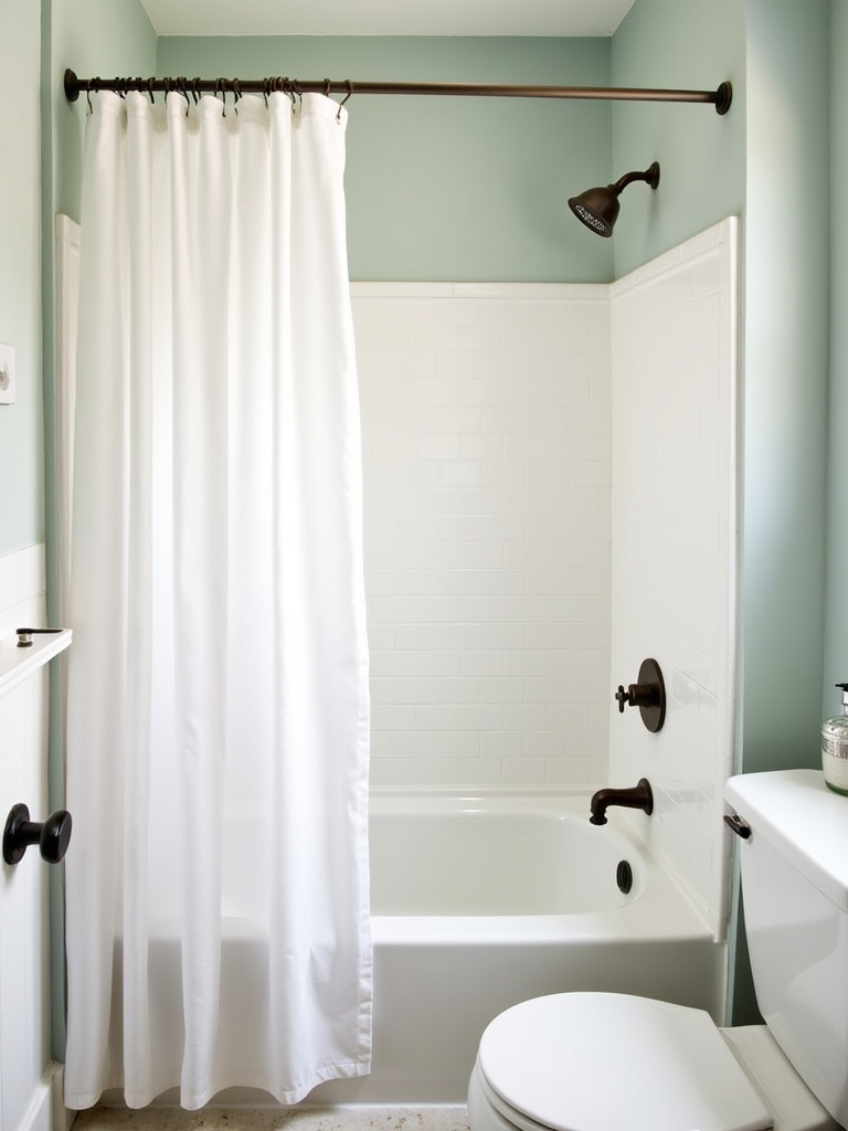 Traditional style laundry bathroom with a space-efficient shower-tub combo.