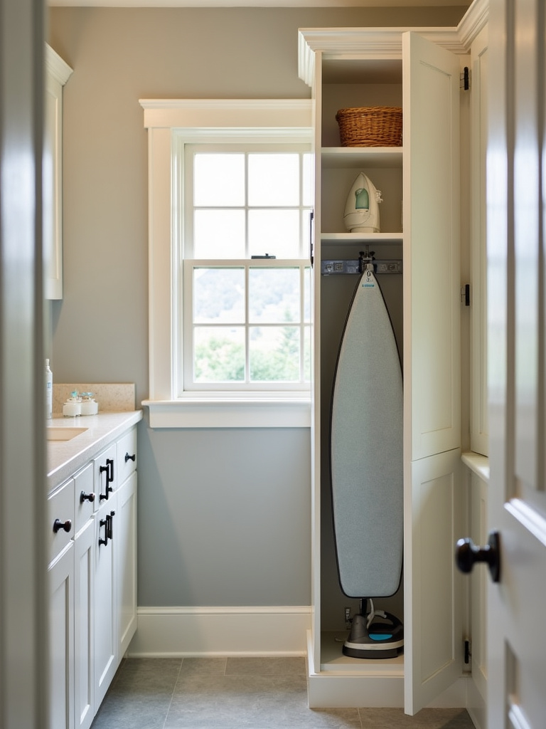 Traditional laundry bathroom with a convenient built-in ironing board.