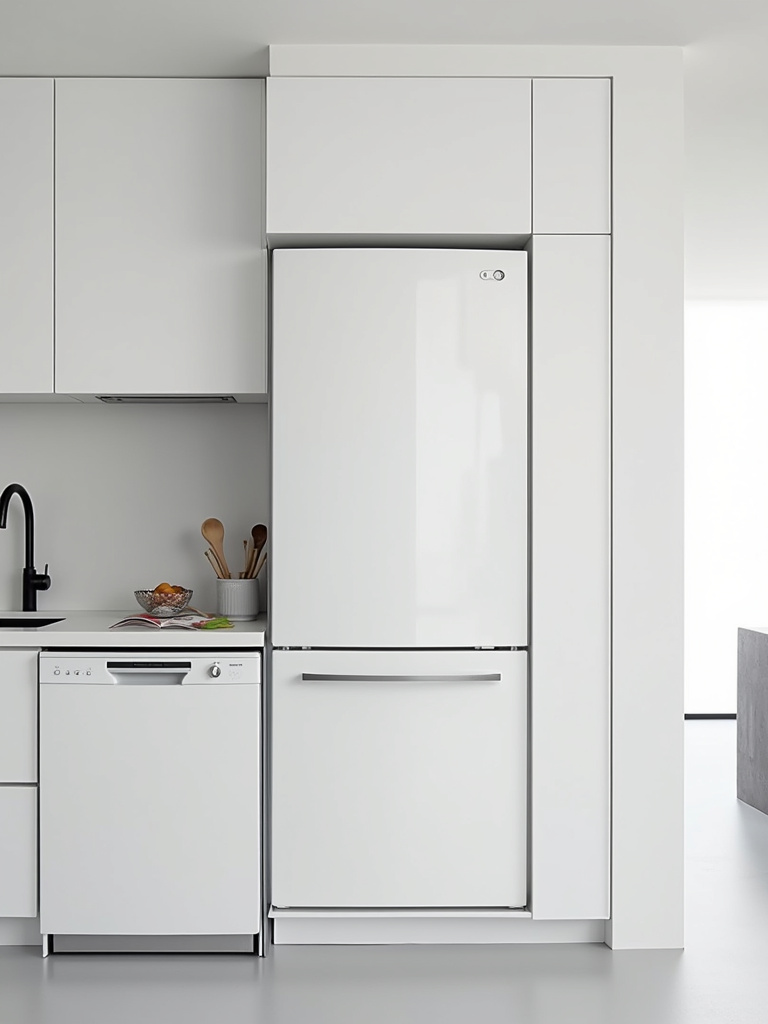 Seamless modern kitchen design with integrated appliance panels concealing refrigerator and dishwasher for a clean, minimalist aesthetic.