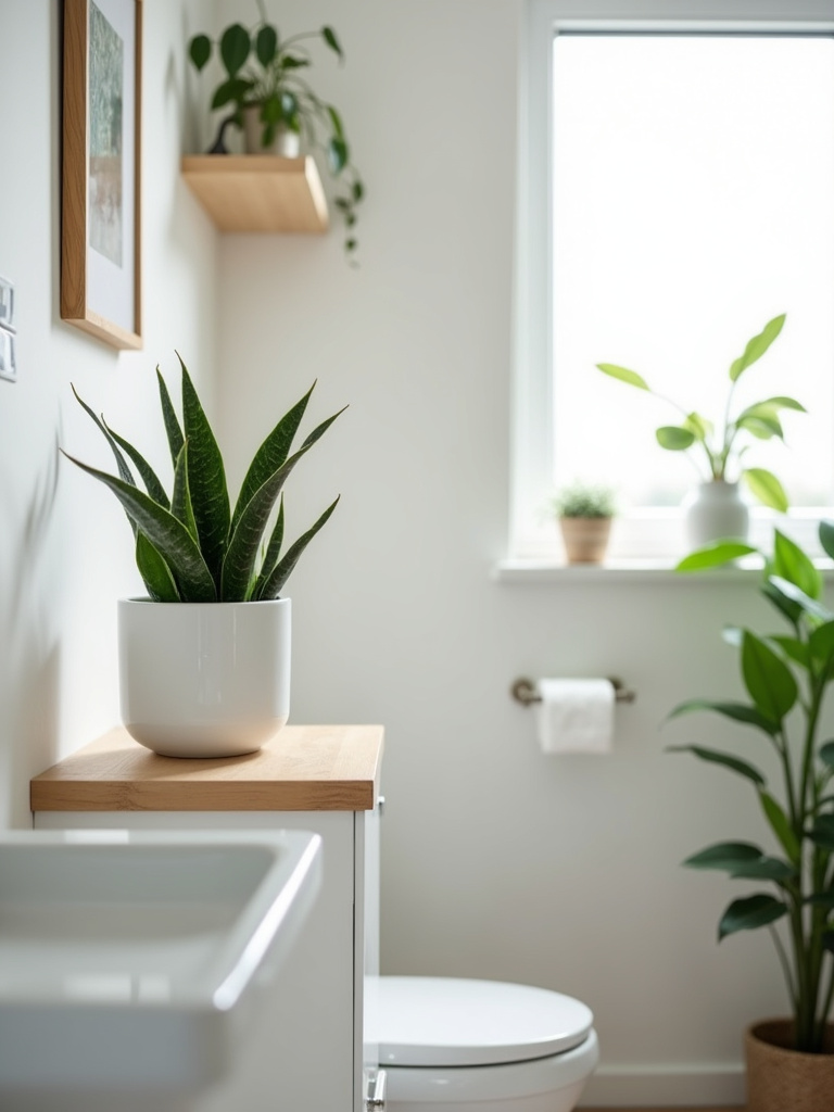Bathroom with a snake plant in a white pot on a shelf, adding greenery to a minimalist design.