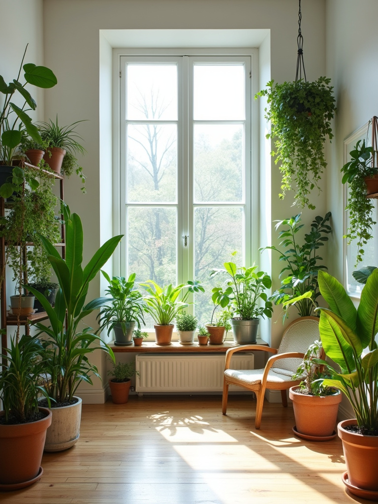 A biophilic bedroom design filled with lush greenery from numerous indoor plants, bathed in bright natural light, creating a fresh and airy atmosphere.